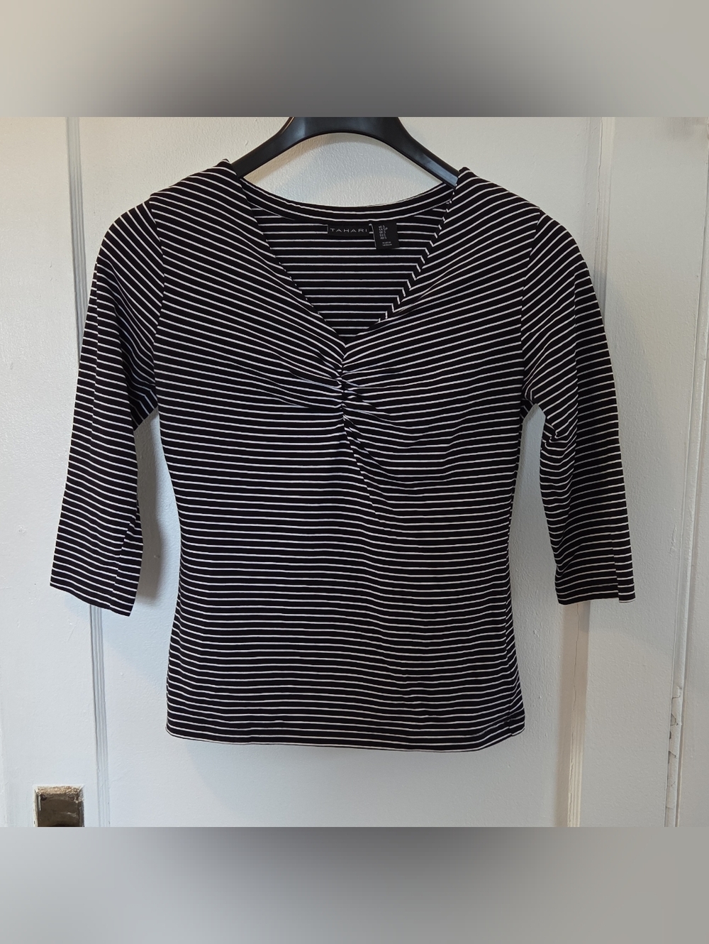 Tahari Black & White Stripe V-Neck Twist Front Top